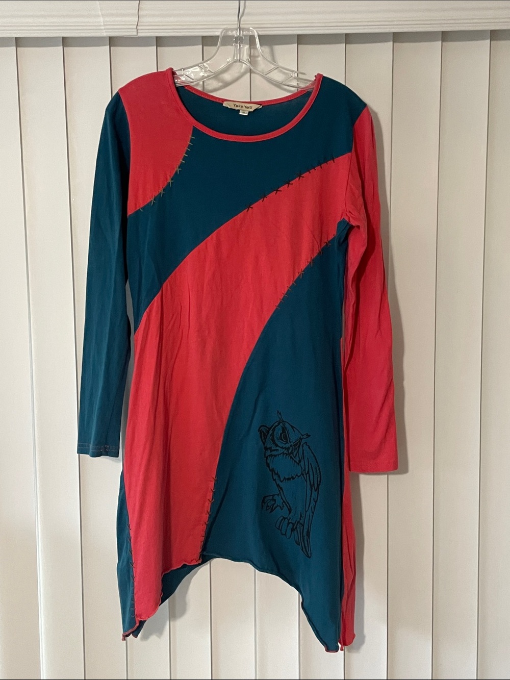Yak n Yeti blue and red long sleeve cotton mini dress with owl logo - size M